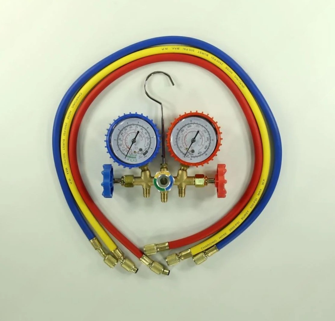 Коллектор манометрический 2‑вентильный R12, R22, R502 со смотровым стеклом, шланги 90 см FC CT‑536