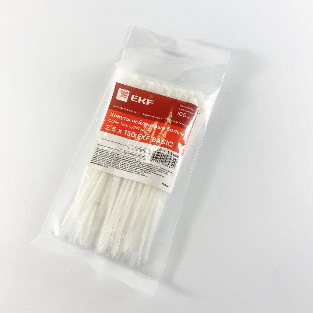 Хомут кабельный (стяжка) 2,5х150мм, белая. упаковка 100 шт, EKF Хомут кабельный (стяжка) 2,5х150мм, белая. упаковка 100 шт, EKF