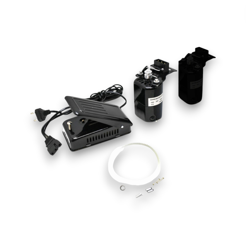 Двигатель швейной машинки, КОМПЛЕКТ в сборе с педалью, ремнем, запасными щетками и крепежем 100W 023145