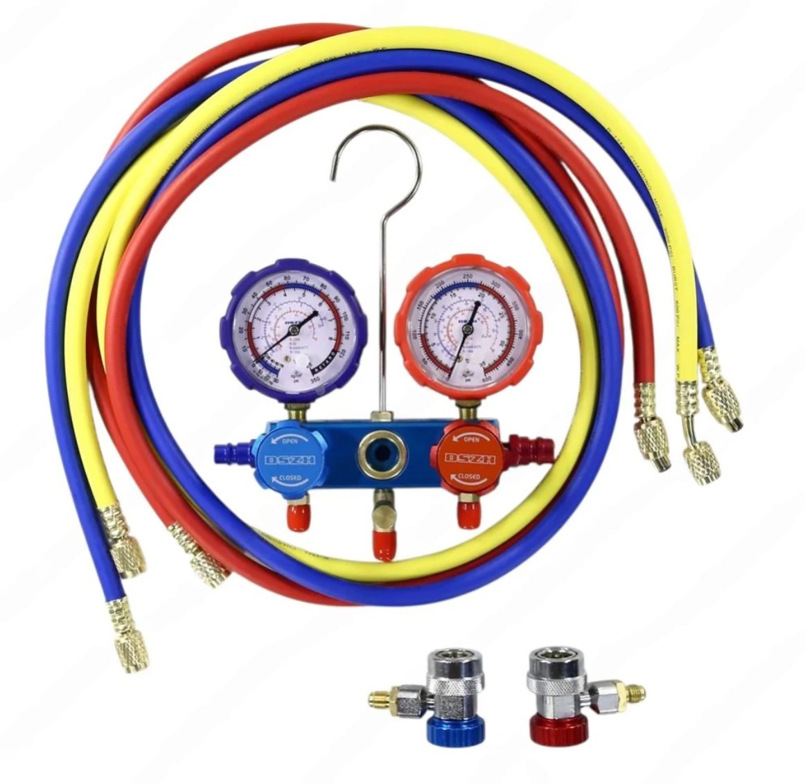 Коллектор 2 вентиля R22 R134 R404 R407 R1234 со стеклом, шланг 150 см, в чемодане DSZH CT‑MC260G