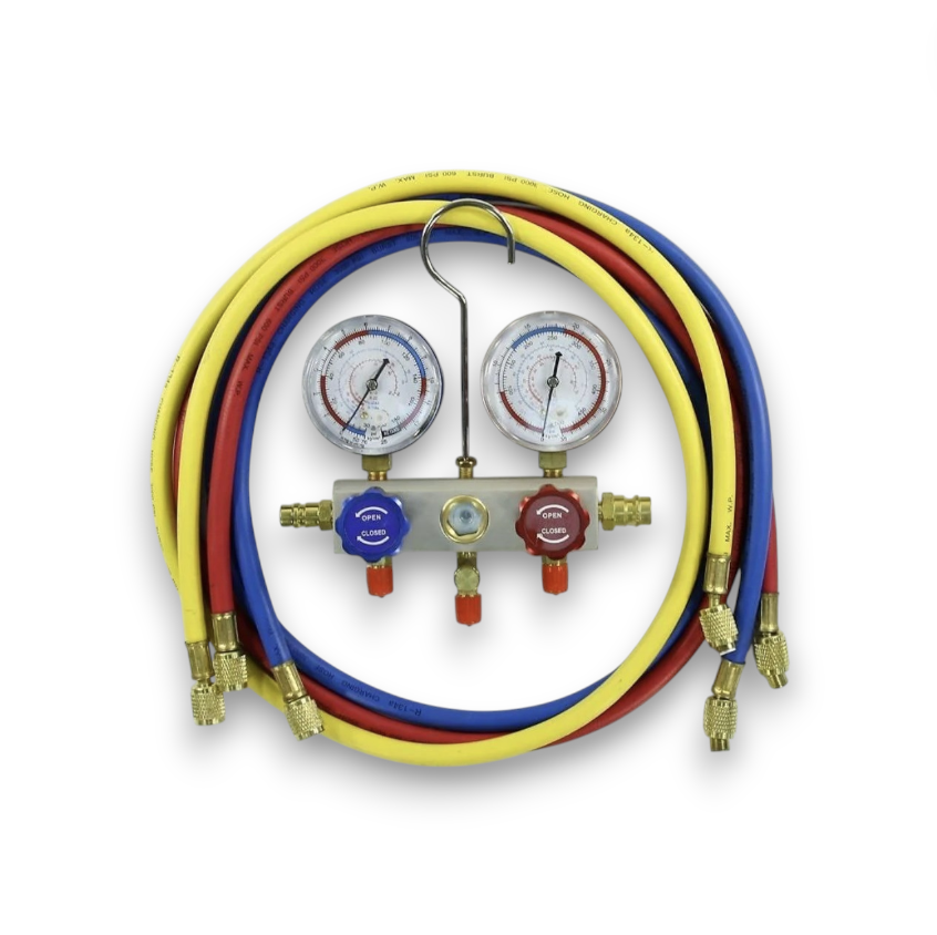 Коллектор 2 вент R22/134/407/410 стекло 80мм, 3 шланга 150см 500-800psi