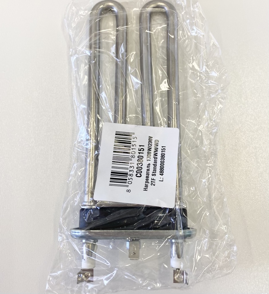 Тэн 1700W, прямой с отверстием, L=175 мм, l=14 мм, резинка ровная, C00380151, 380151, 094715, Thermovatt