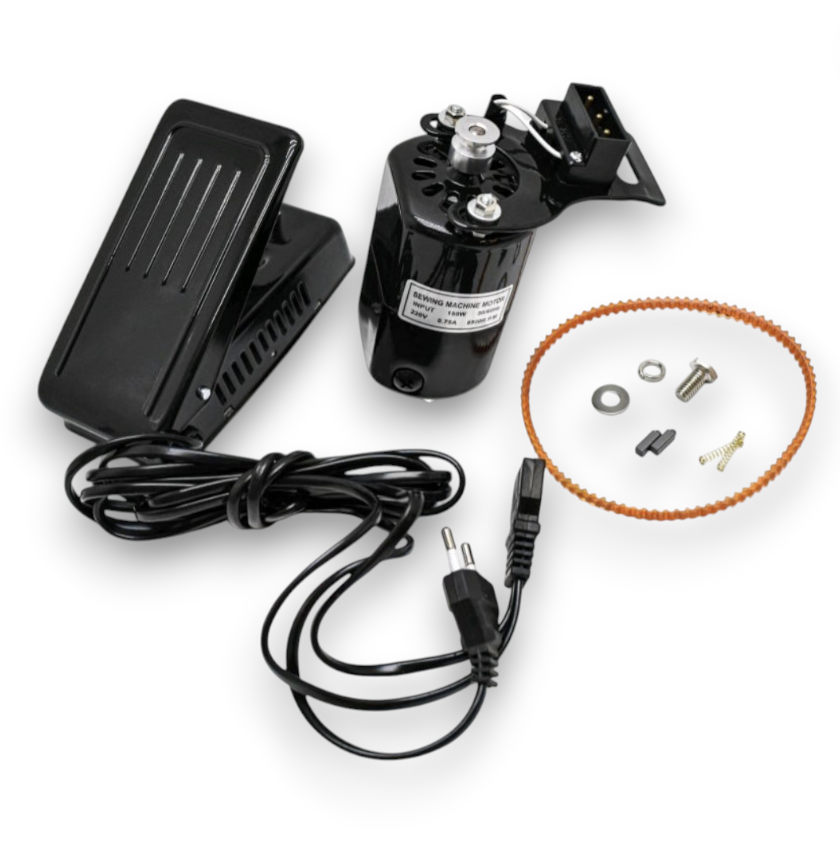 Двигатель швейной машинки, КОМПЛЕКТ в сборе с педалью, ремнем, запасными щетками и крепежем 150W 0231459